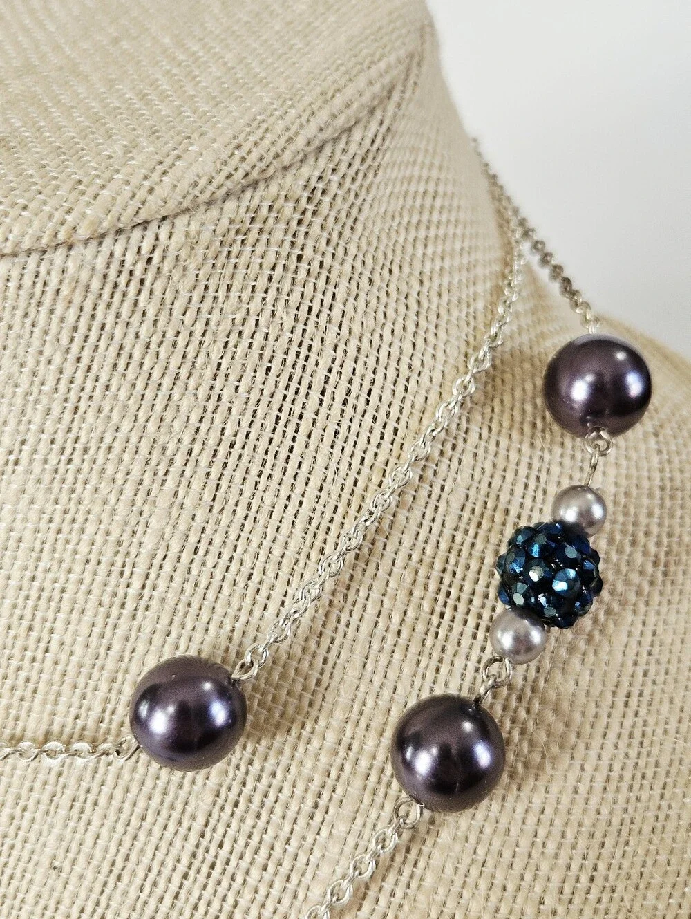 Vintage RMN Roman Blue Faux Pearl Beaded Silver Tone Opera Length Chain Necklace